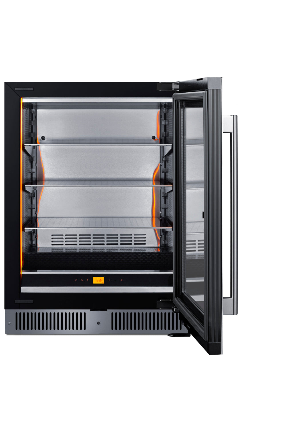 24-inch wide built-in beverage center with open glass door, stainless steel frame, adjustable shelves, digital temperature display