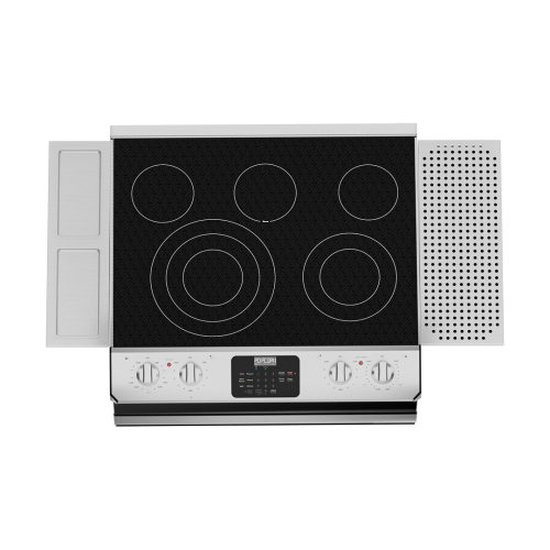 30-inch smart electric cooktop with five cooking zones, digital controls, and integrated microwave drawer in stainless steel