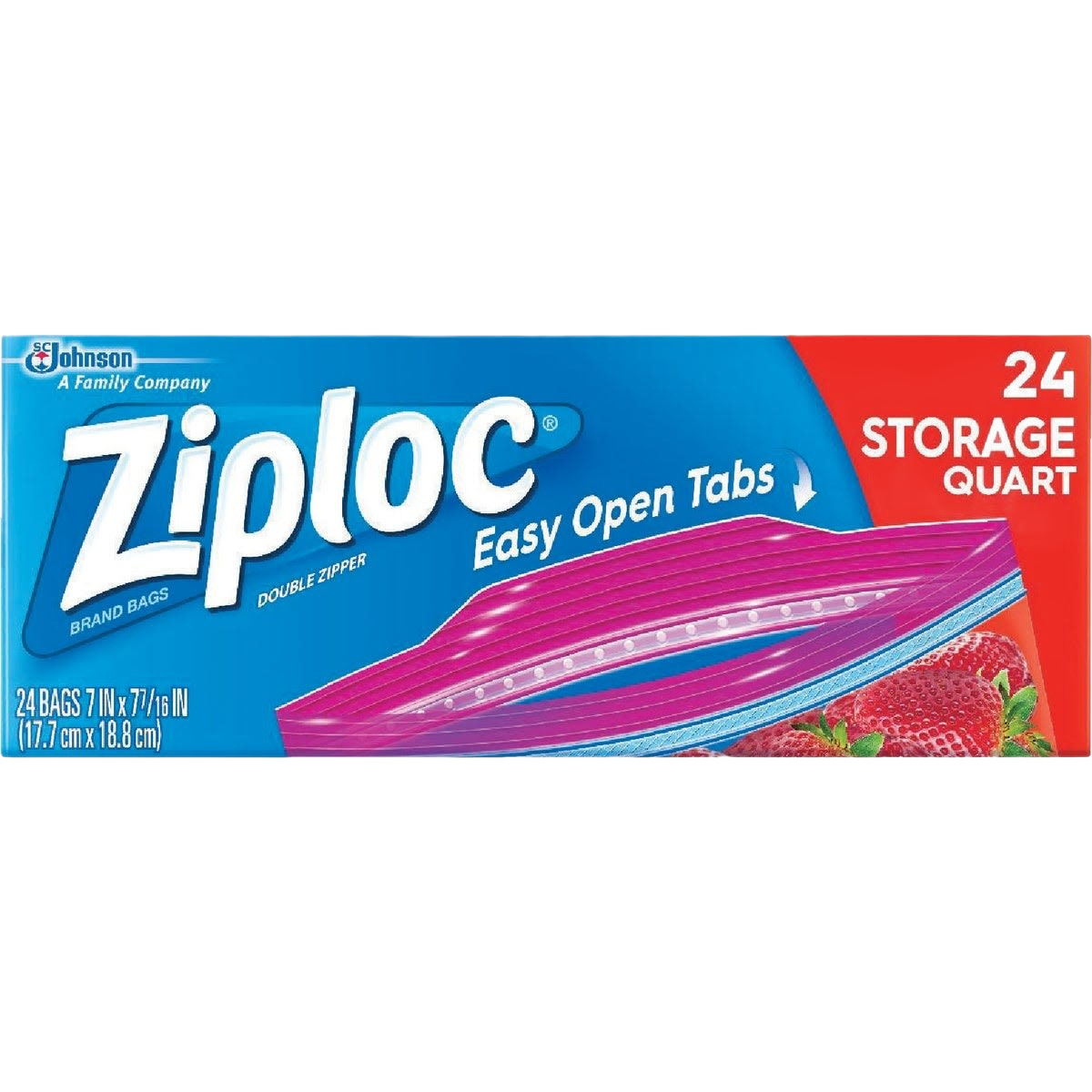 Package of 24 quart-sized resealable storage bags with easy open tabs for kitchen and food organization