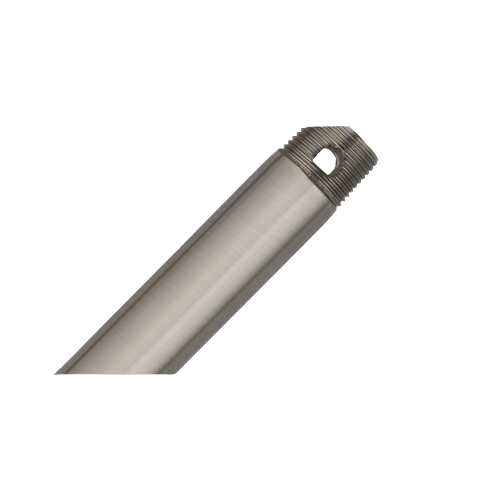 Brushed nickel 18-inch downrod with threaded end for ceiling fan installation in lighting and home decor projects