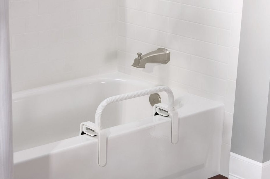 White low-profile tub safety bar with clamp mounting, designed for bathroom grab bars and safety accessibility under $50 collection