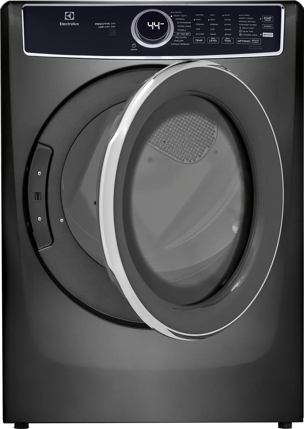 Black front load electric dryer from Dryers collection with open door and digital display showing cycle time and settings