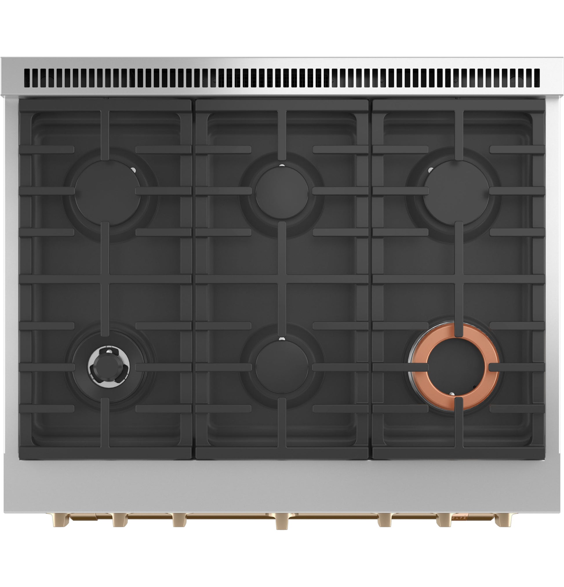 36-inch smart all-gas commercial-style range top view with six burners and brass control knobs from Ranges collection