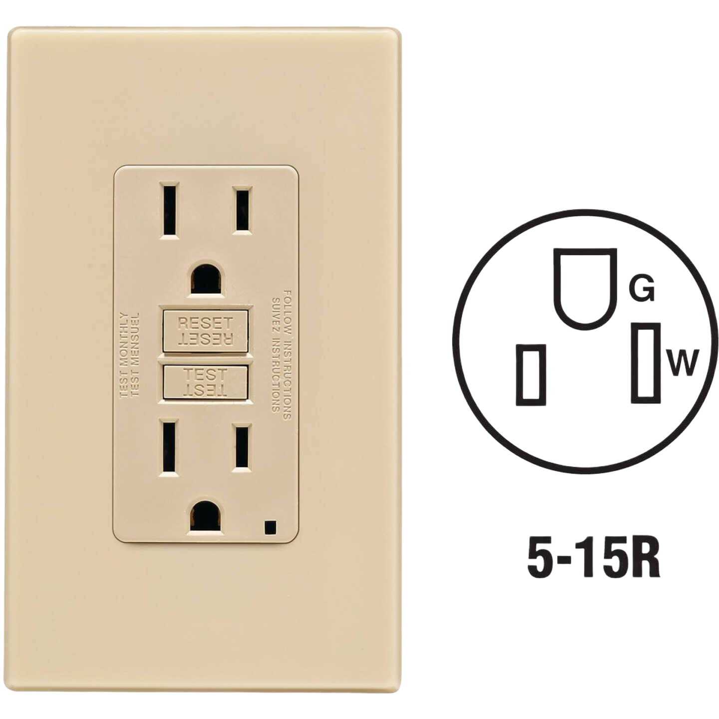 Ivory SmartLockPro GFCI outlet with self-test buttons and matching wallplate for home improvement projects