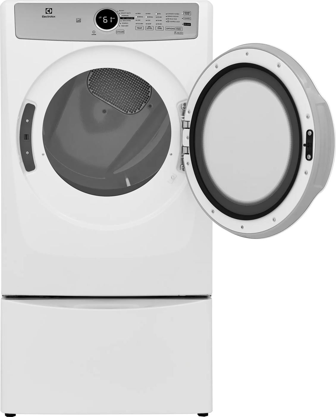 White front load gas dryer with open circular door and digital control panel from Dryers and Appliances collections