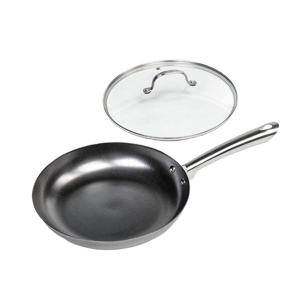 Black nitrogen-hardened cast iron skillet with stainless steel handle and clear glass lid for kitchenware collections