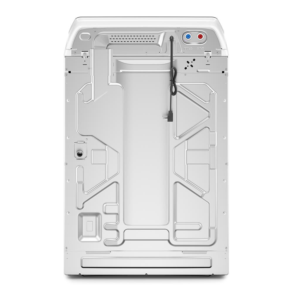 Back view of white top load washer showing water connections and power cord from Washers and Appliances collections