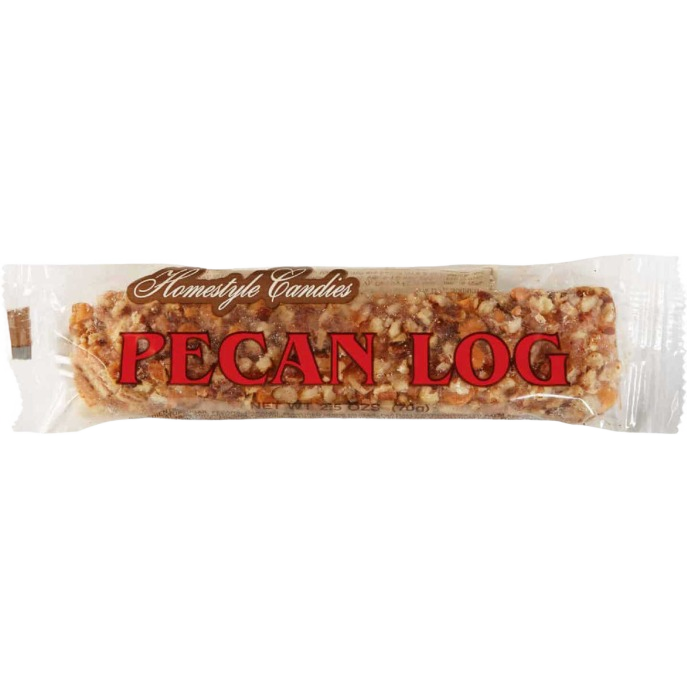 Wrapped pecan and caramel nut candy bar with visible chopped pecans and clear packaging