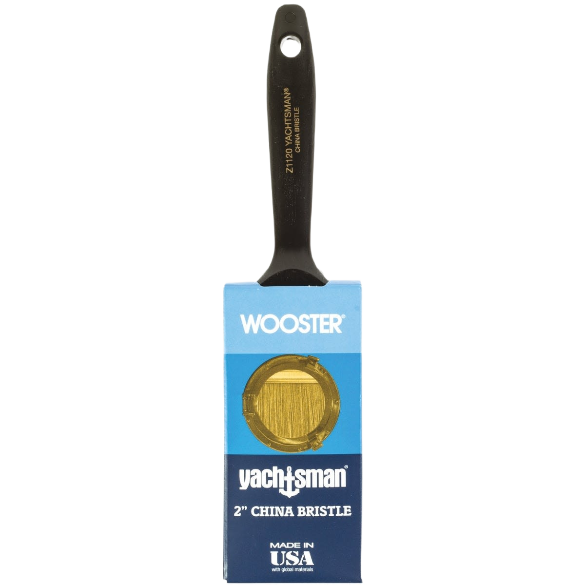 Wooster Yachtsman 2-inch flat paint brush with black handle and packaged in blue labeled box in paint brushes collection