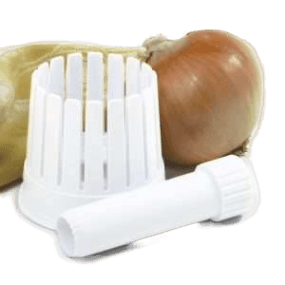 White plastic onion slicer with segmented blades and plunger tool for kitchen gadgets and kitchenware collections