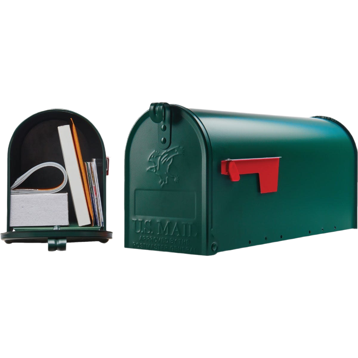 Green steel rural style mailbox with red flag and open door showing mail inside for home improvement use
