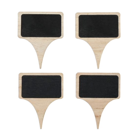 Set of four wooden cheese markers with black chalkboard label areas for kitchenware and entertaining use under $25