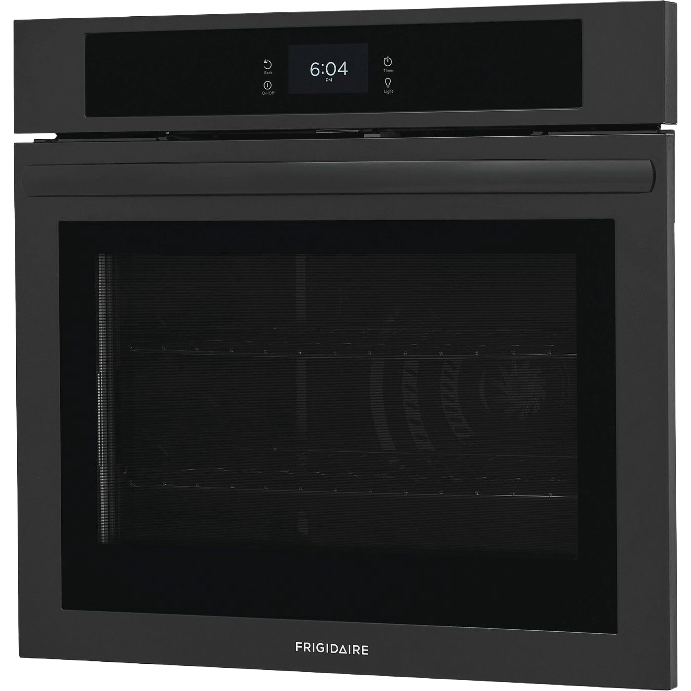 Front view of black single electric wall oven with fan convection and digital touch control in kitchen appliances category