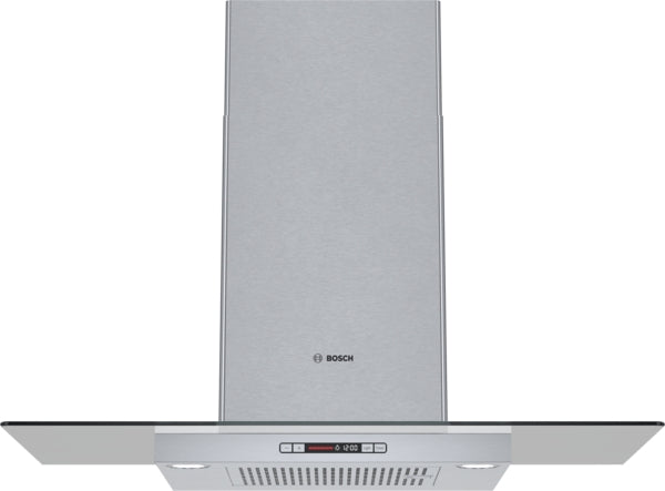 stainless steel wall hood with glass canopy, halogen lights, and digital controls for kitchen ventilation from Bosch Appliances collection