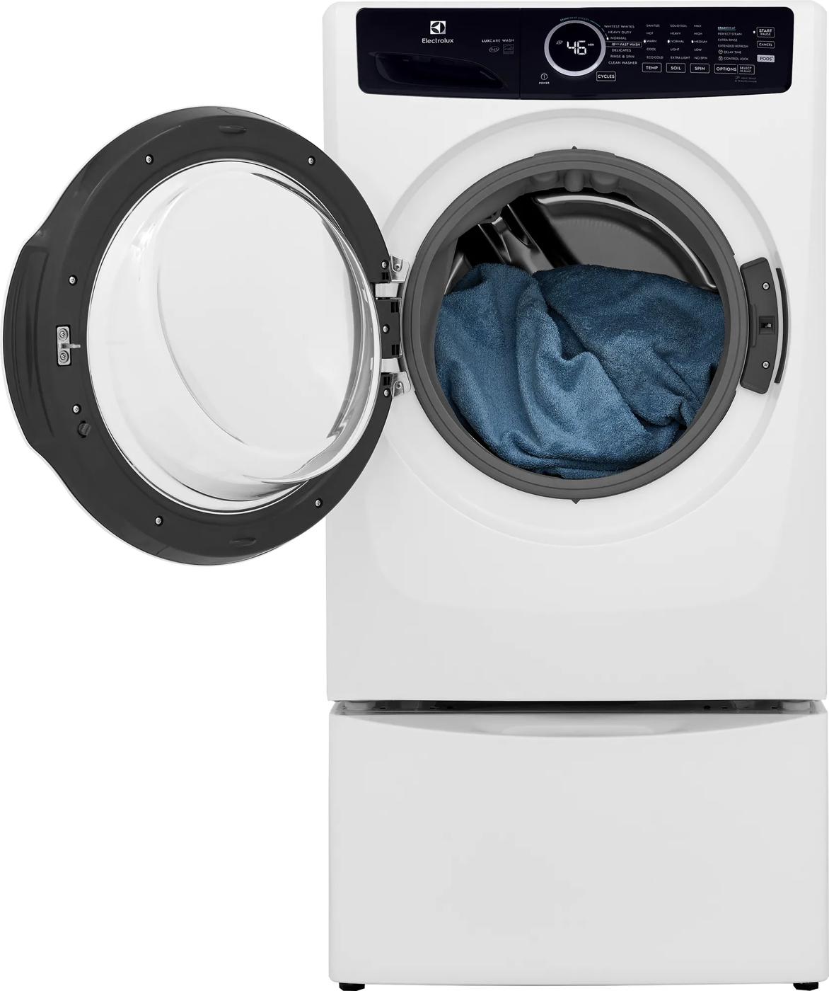 White front load washer with open door and blue laundry inside, digital control panel visible, from washers and appliances collections