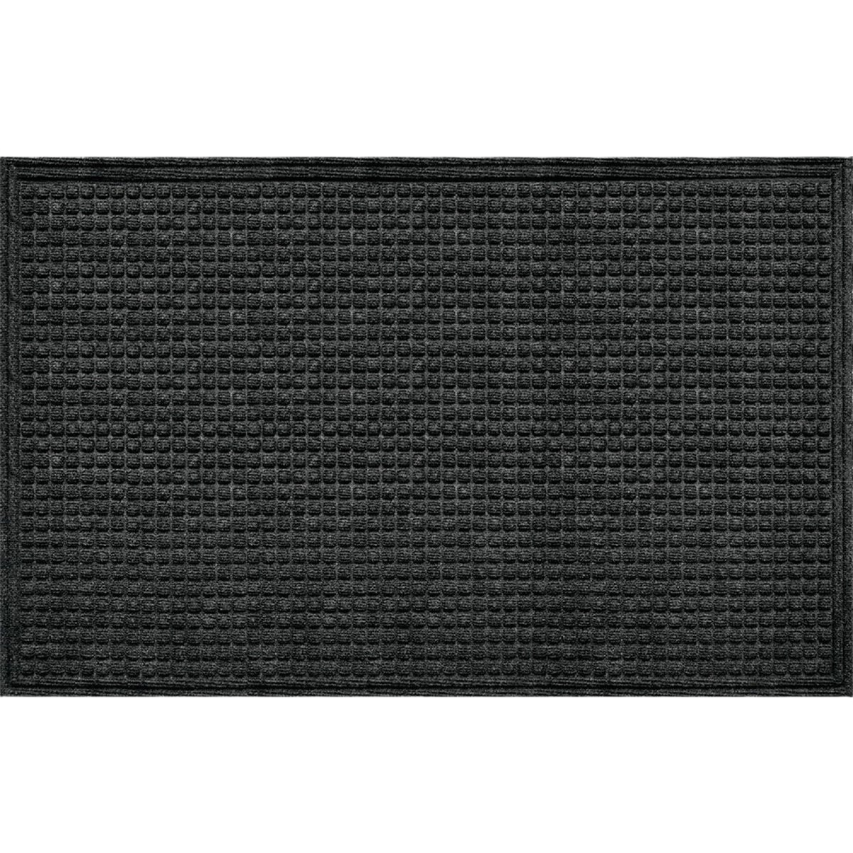 Black textured rubber door mat with raised grid pattern designed for home improvement use