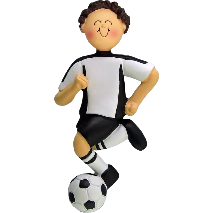 Brunette male figurine in black and white soccer outfit with ball for Christmas Ornaments & Tree Decorations collection