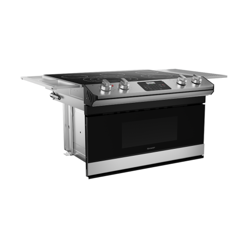 Stainless steel electric cooktop with five smooth top heating elements and integrated microwave drawer, part of kitchen appliances.