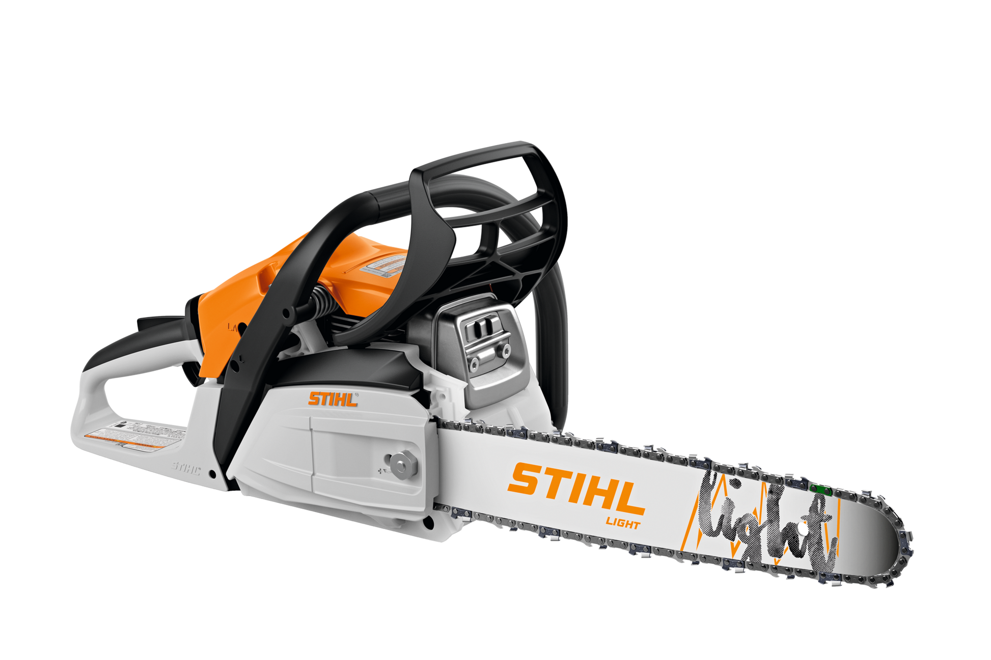 16-inch gas chainsaw with orange and white design, ergonomic handle for efficient home improvement cutting tasks