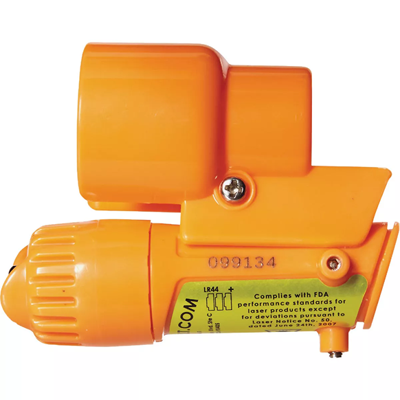 Orange plastic adapter kit for insect and pest control accessories with calibration tools and safety compliance label