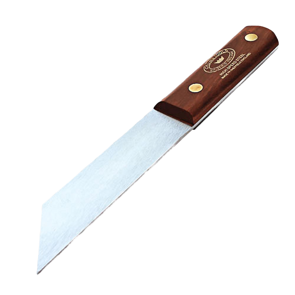 Narrow metal parting tool with polished blade and wooden handle for precise woodworking and home improvement tasks