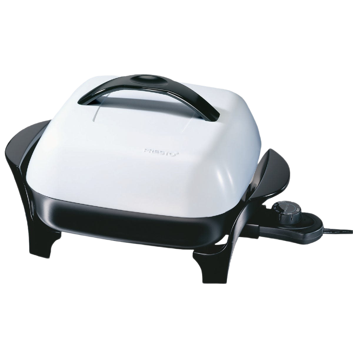 Electric skillet with white dome lid, black base, and adjustable temperature control for home cooking tasks