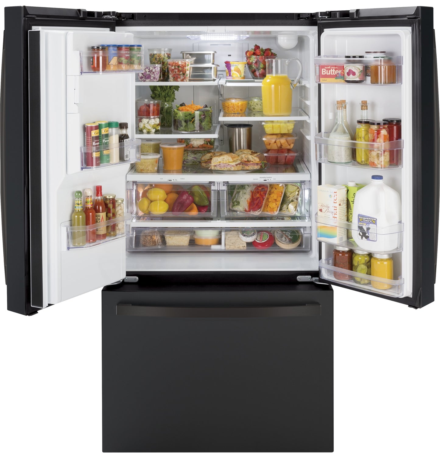 Black French-door refrigerator open to show fully stocked interior with adjustable shelves and clear storage drawers