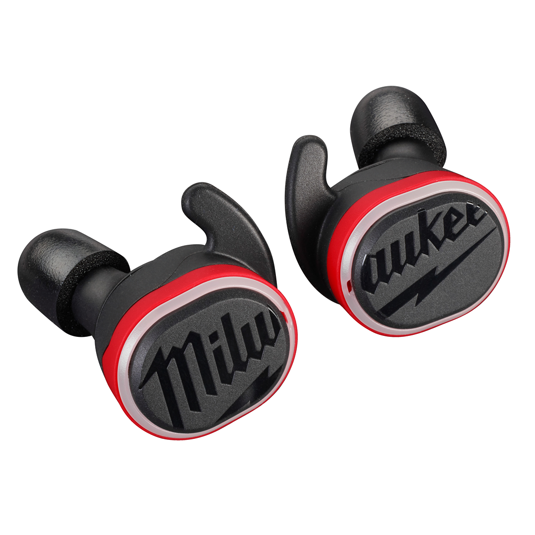 Compact black and red wireless earbuds with ergonomic ear hooks designed for jobsite use and tools environments