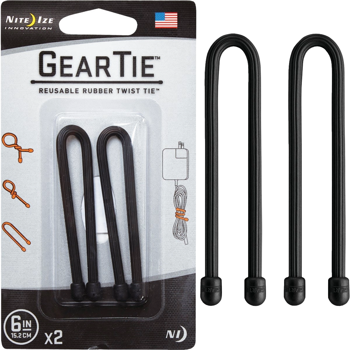 Two black reusable 6-inch rubber twist ties for organizing cords in electrical and home improvement collections