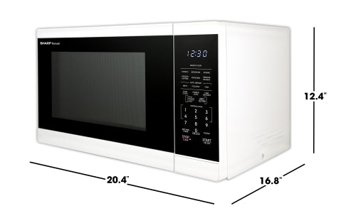 White countertop microwave oven with digital keypad and LED display, shown with product dimensions labeled in kitchen appliances collection