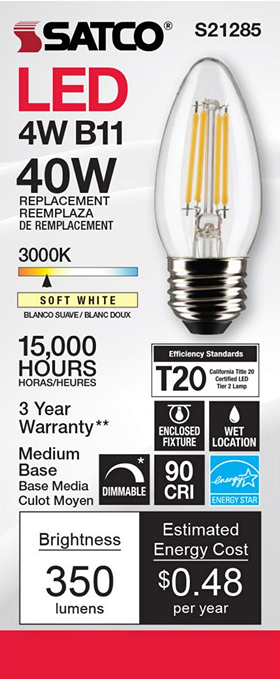 Satco LED 4 watt B11 soft white light bulb with medium base for energy-efficient lighting under $50 collections
