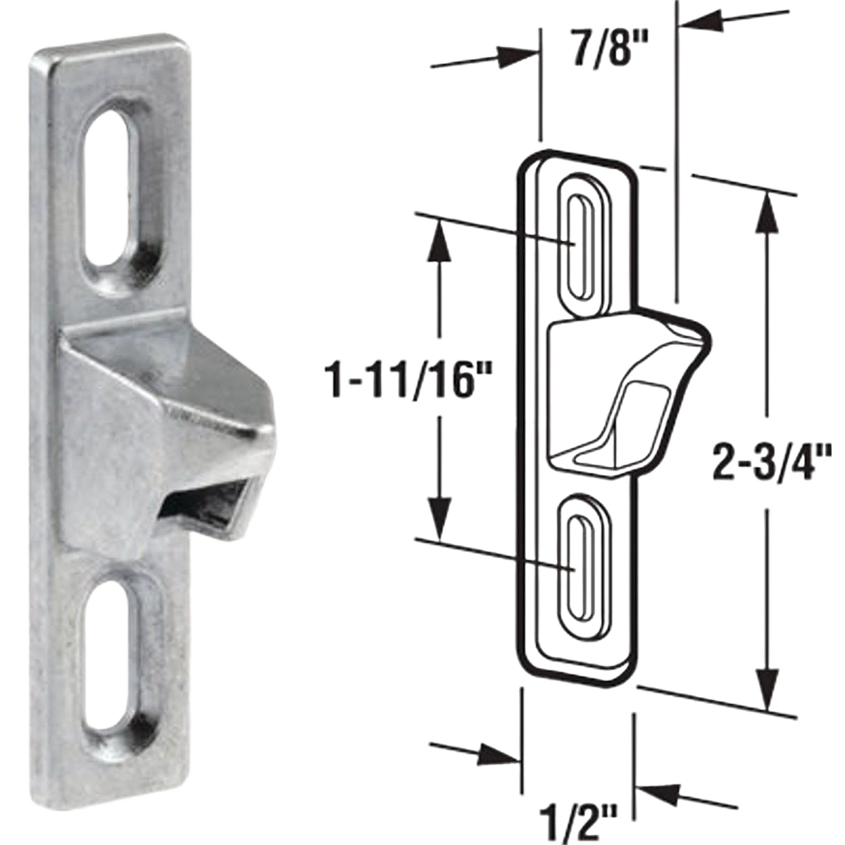 Chrome-plated patio door striker with mounting holes, designed for sliding door hardware and home improvement projects under $50