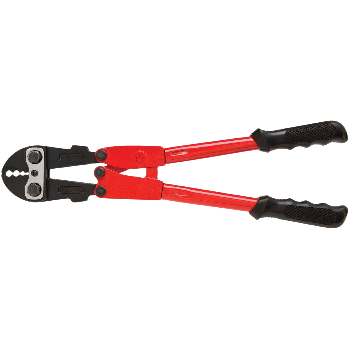 Heavy-duty red handled chain swaging tool with textured black grips for home improvement use