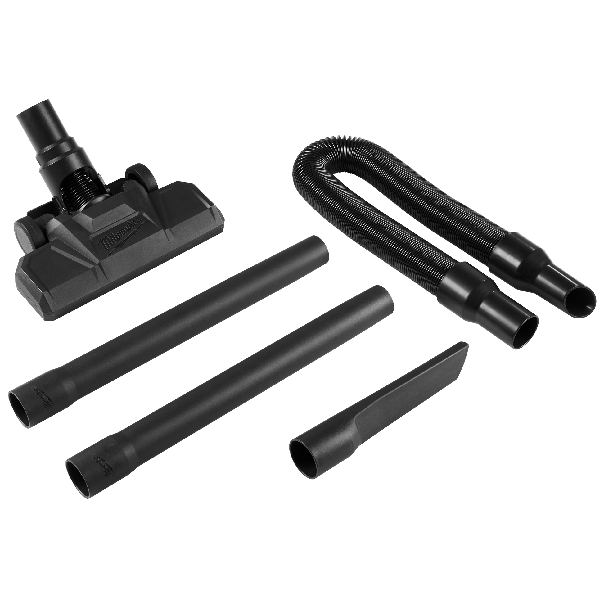 Set of black vacuum attachments including flexible hose, two extension wands, crevice tool, and floor cleaning head for handheld vacuums in cleaning supplies.