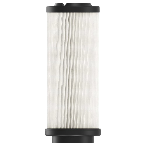 Cylindrical air filter element with pleated white filtration material and black end caps for equipment maintenance tasks
