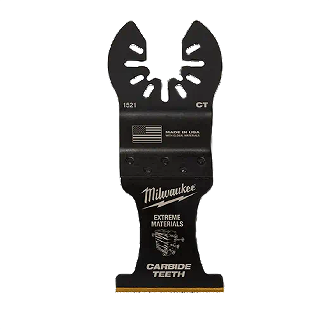Black Milwaukee carbide blade with carbide teeth labeled for extreme materials cutting in home improvement tasks