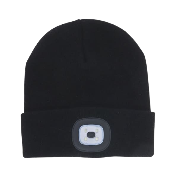 Black rechargeable LED beanie cap with built-in light on folded cuff for hands-free illumination