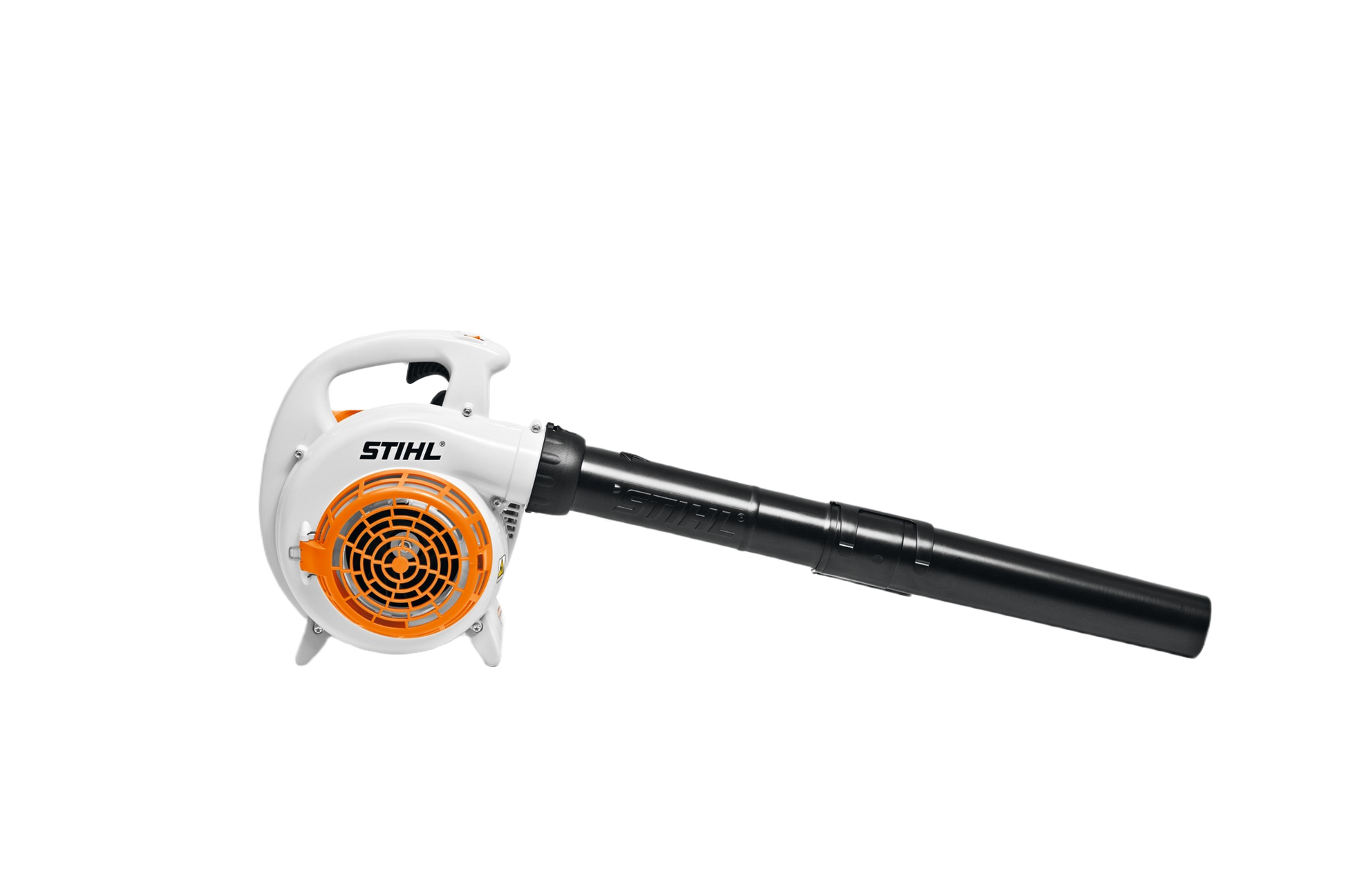 White and orange gas-powered handheld blower with long black nozzle for outdoor home improvement tasks