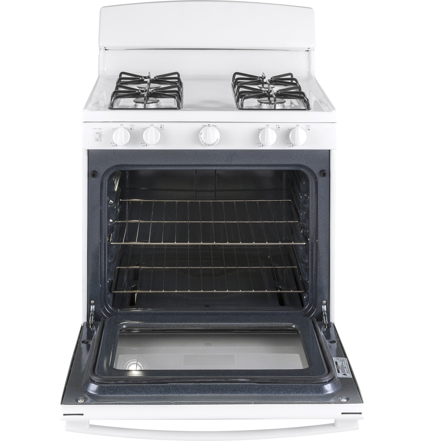 White freestanding gas range with open oven door, four burners, and control knobs in Ranges and Kitchen & Kitchenware collections