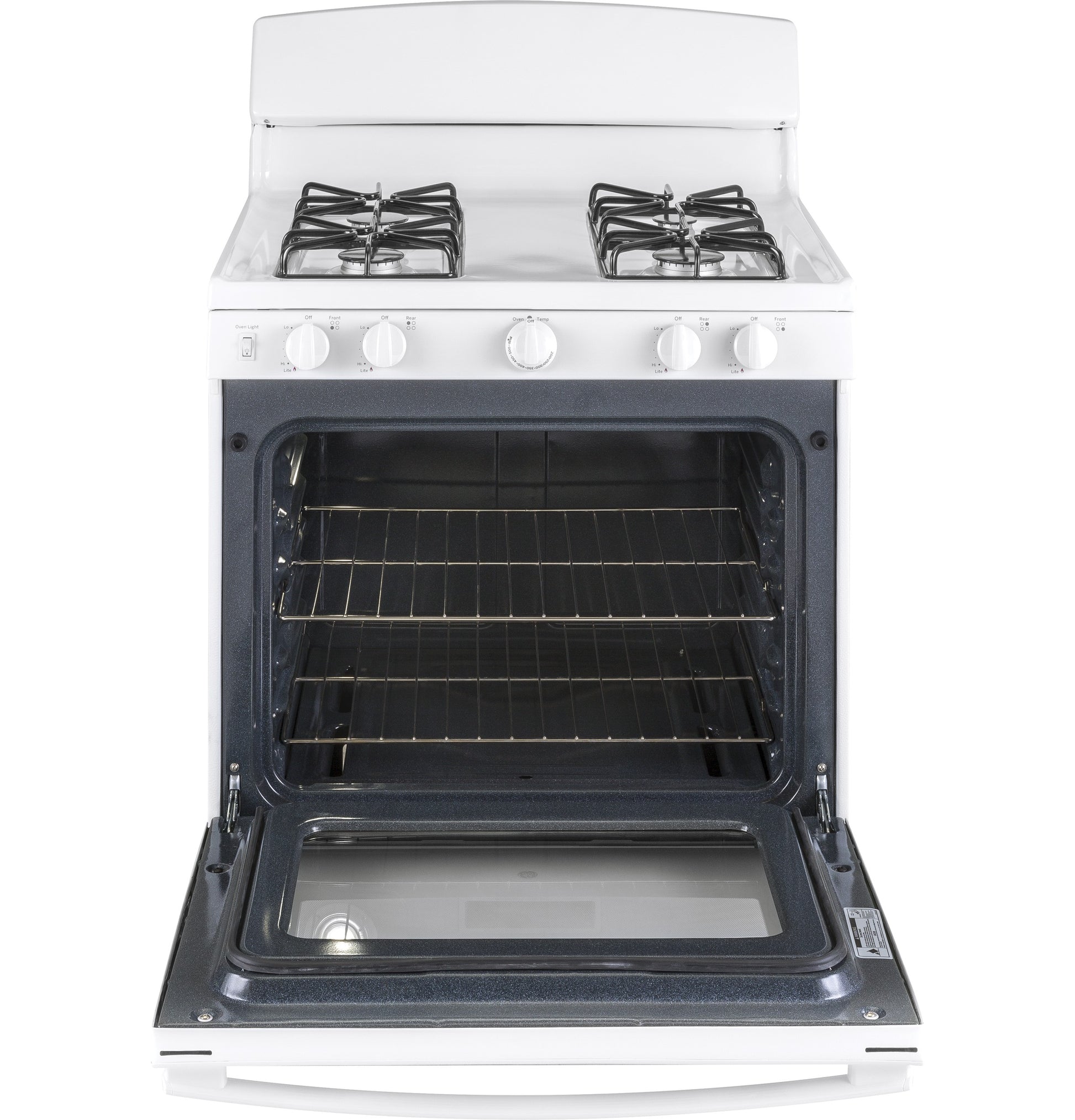 White freestanding gas range with open oven door, four burners, and control knobs in Ranges and Kitchen & Kitchenware collections