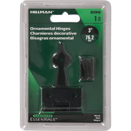 3-inch black ornamental T-hinge with decorative tip and screws for furniture and hardware home improvement projects