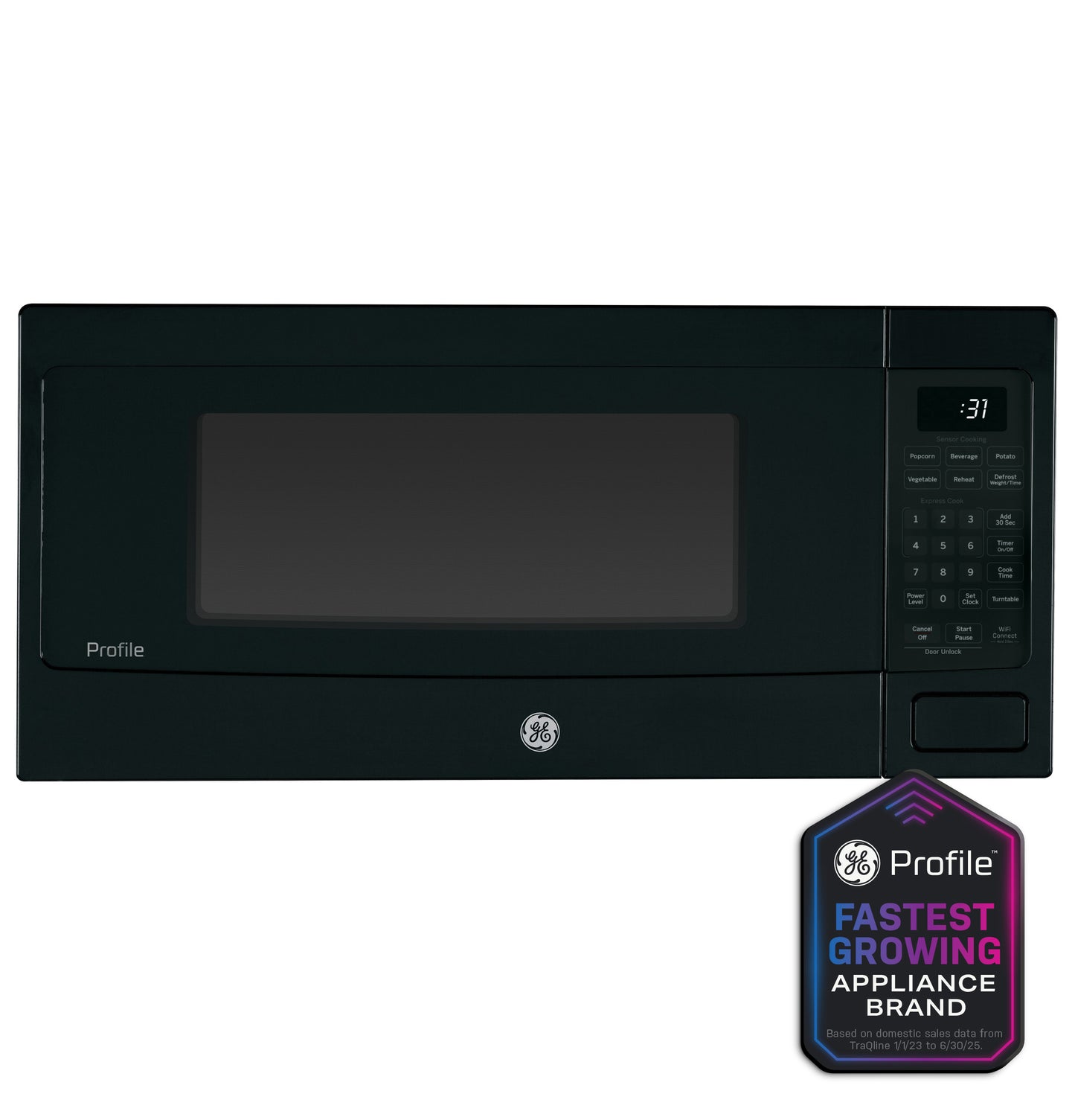 Black 1.1 cu. ft. countertop microwave with digital control panel and GE Profile branding for kitchen appliances.