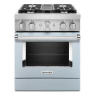 30-inch stainless steel commercial-style dual fuel range with four burners and electric oven for home cooking