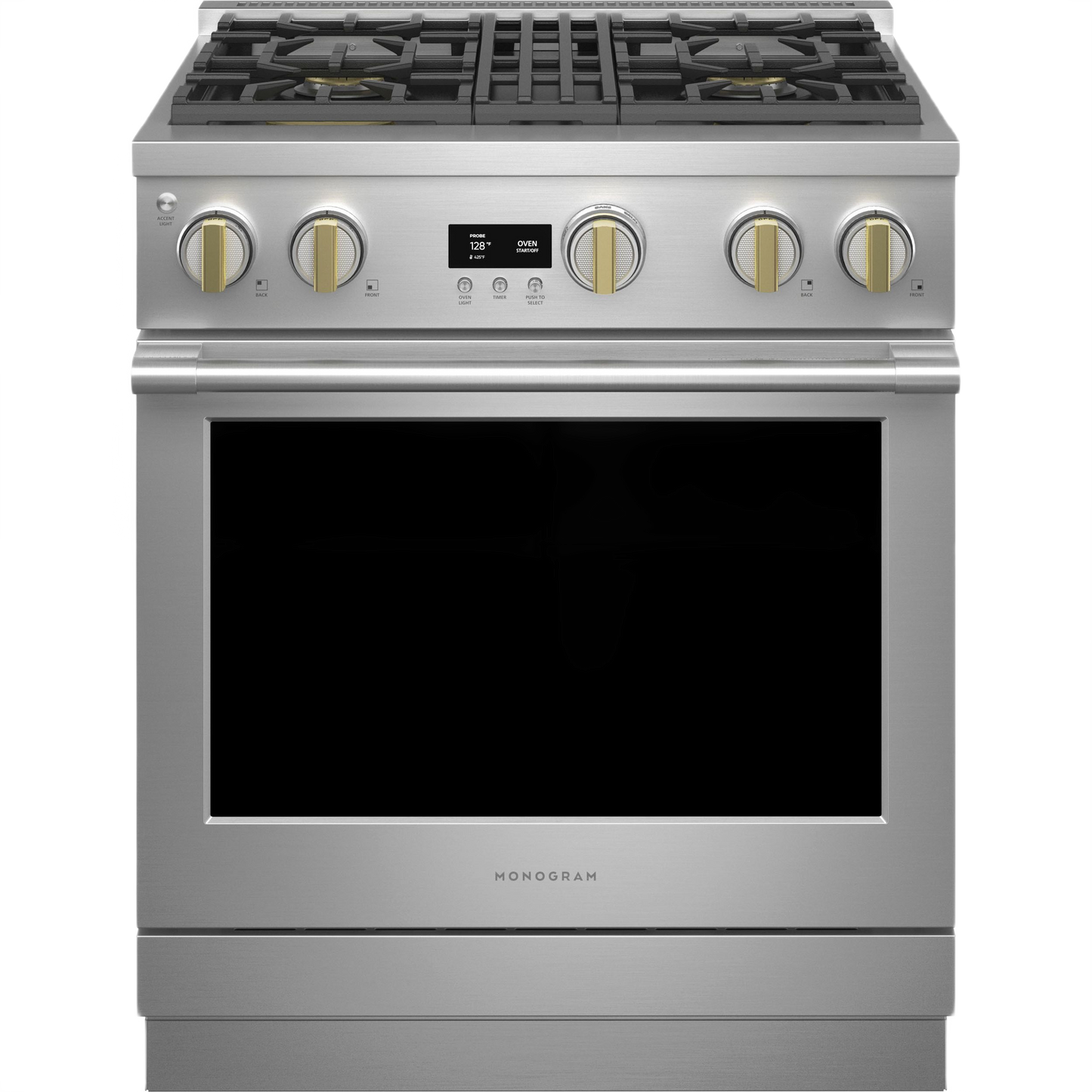 stainless steel professional dual-fuel range with four burners, digital display, and bronze control knobs in kitchen appliances collection