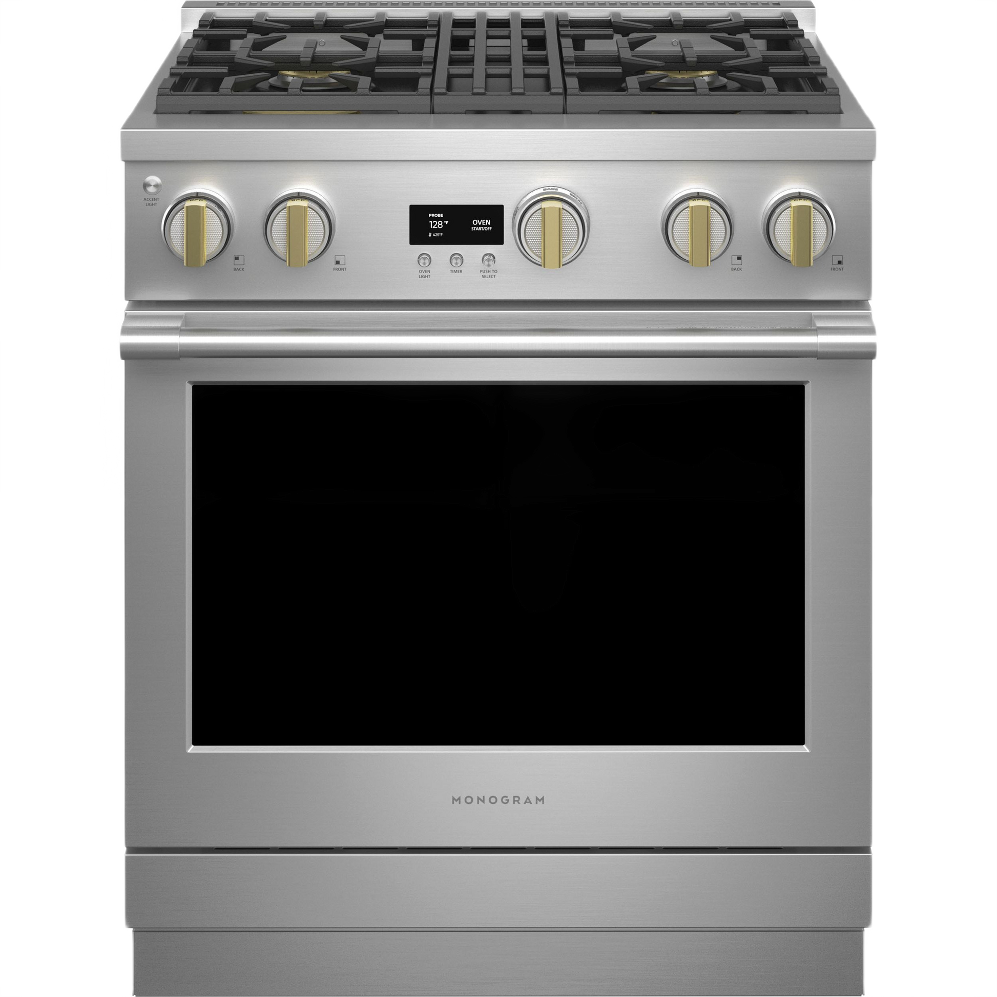 stainless steel professional dual-fuel range with four burners, digital display, and bronze control knobs in kitchen appliances collection
