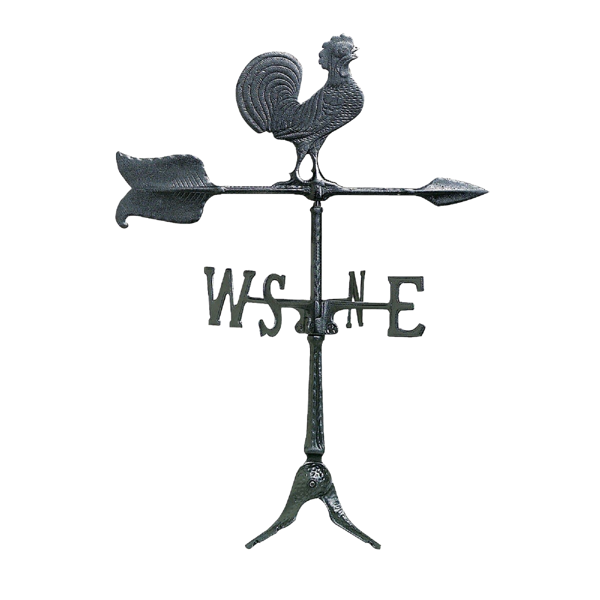 Black aluminum rooster weathervane with arrow and compass letters for outdoor hardware and home improvement collections