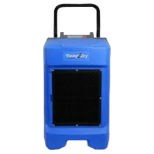 Blue commercial dehumidifier with black front grille and top handle, designed for rental cleaning and household moisture control at Hartville Hardware.