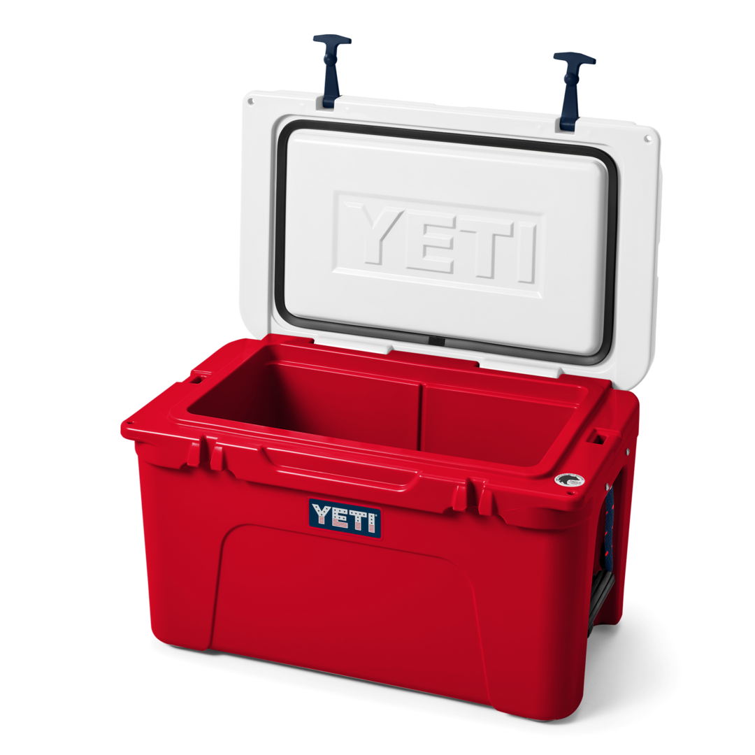 Red hard cooler with open white lid and YETI logo in Storage & Organization and Food Storage collections