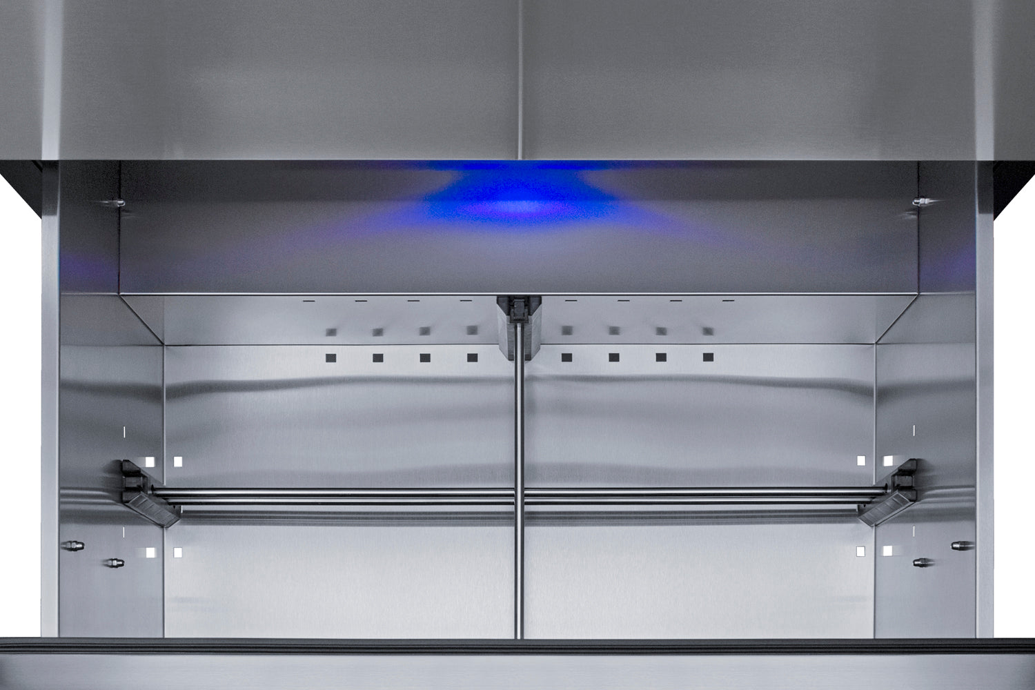 Interior view of stainless steel built-in two-drawer refrigerator with blue LED light for kitchen appliances collection