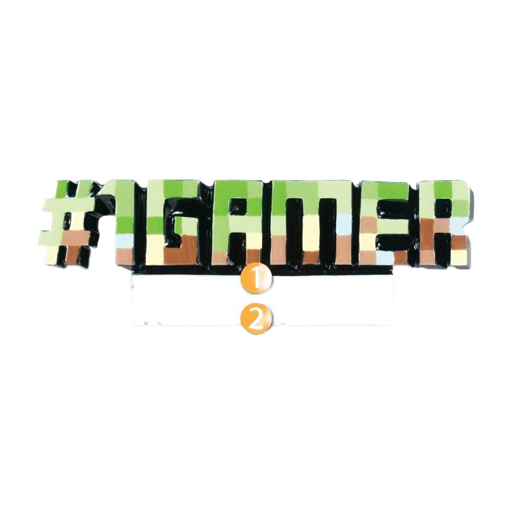 Block-style decoration spelling "#1 GAMER" in green, black, and tan colors for Christmas tree display.